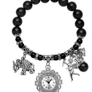 Strada Beaded Crystal Japanese Stretch Bracelet Watch w/ Elephant & Fairy Charm